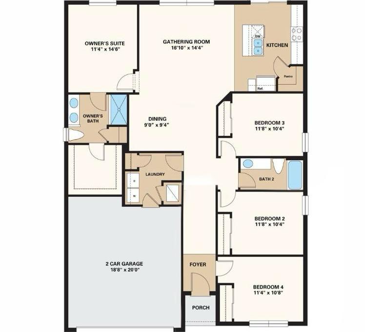 Property floor plan showing 4 bedrooms, 2 bathrooms, owner's suite, gathering room, dining area, kitchen, 2-car garage, and patio